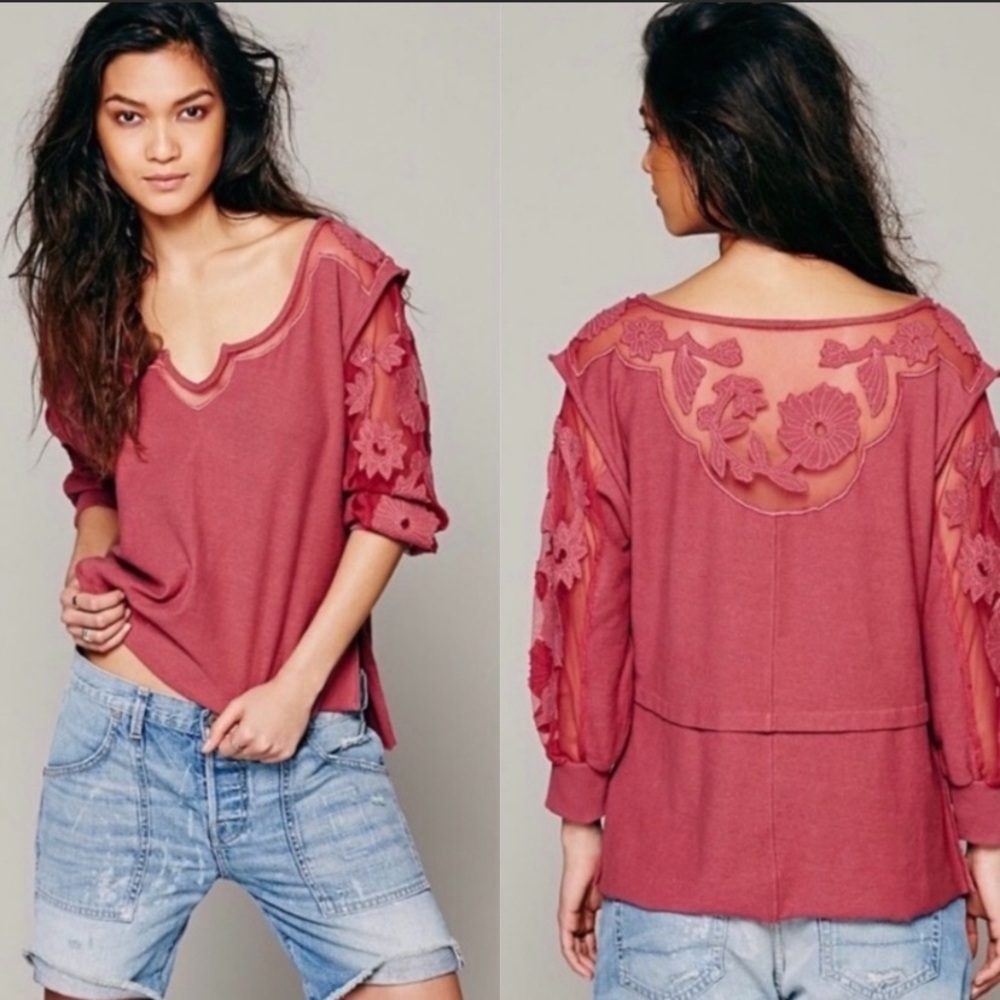 Free people lace sweatshirt maroon XS